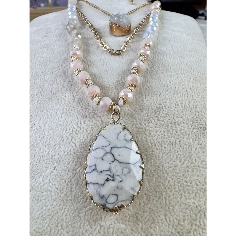 Gold-Tone Layered Necklace with Pink Beads and White Marbled Teardrop Pendant